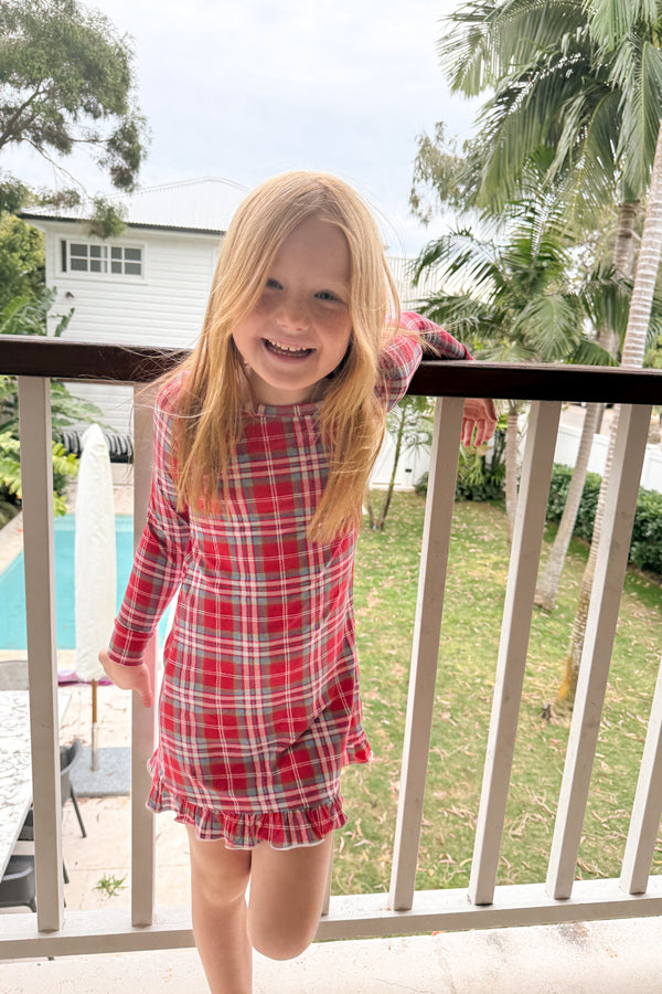 Long Sleeve Ruffled Sleep Dress - RED PLAID