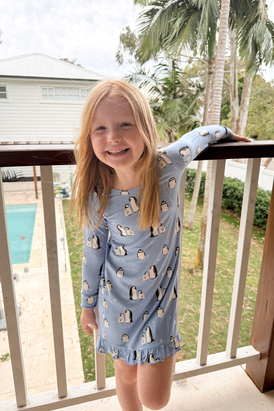 Long Sleeve Ruffled Sleep Dress - PENGUINS