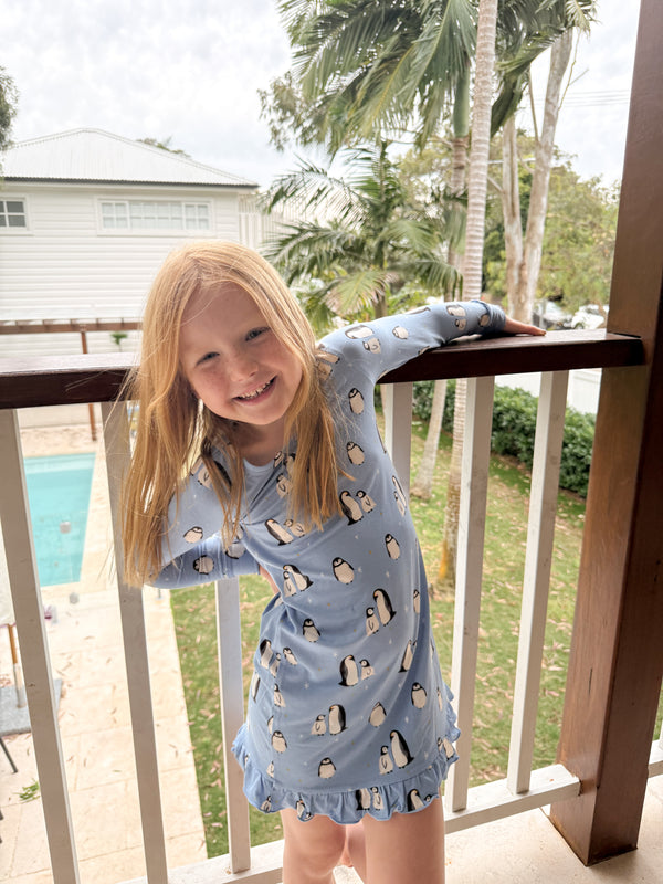 Long Sleeve Ruffled Sleep Dress - PENGUINS