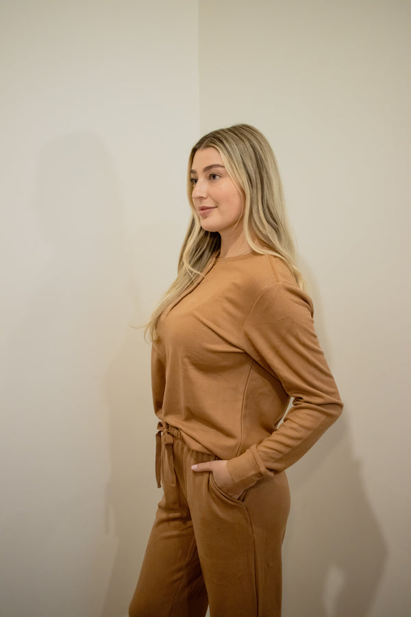 Ladies Wide Leg Henley Set - WARM BROWN