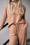Ladies Wide Leg Henley Set - WARM BROWN