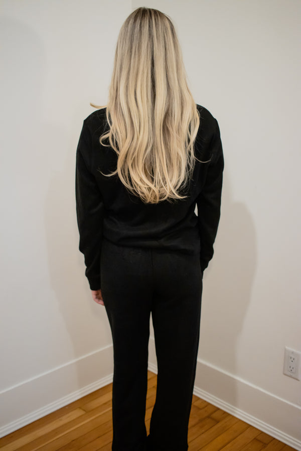 Ladies Wide Leg Henley Set - WARM BLACK