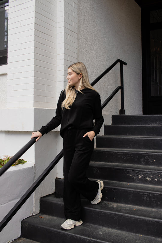 Ladies Wide Leg Henley Set - WARM BLACK