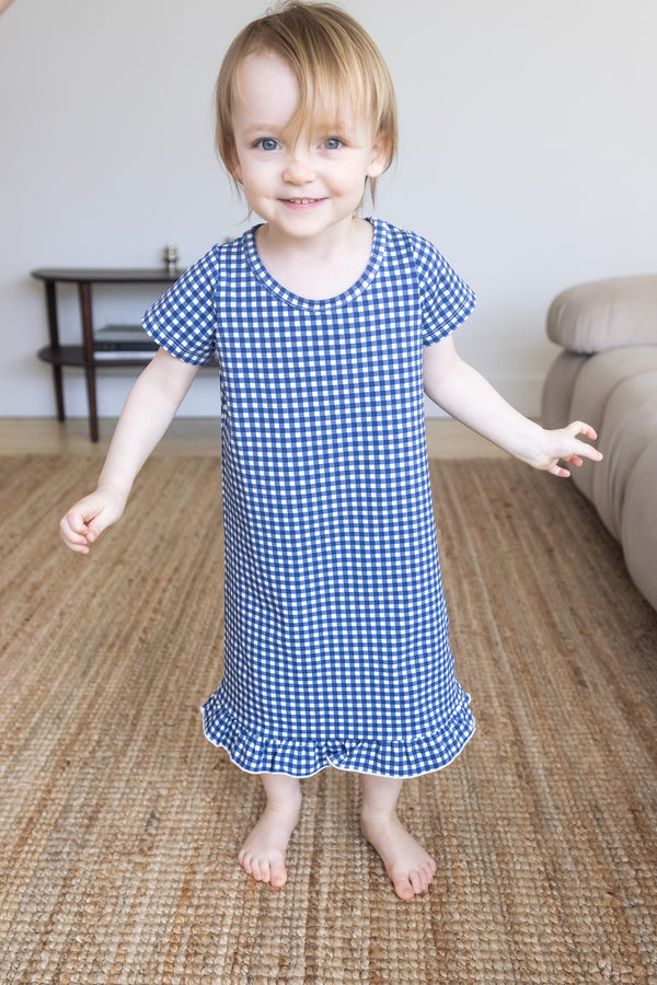 Short Sleeve Ruffled Sleep Dress - NAVY GINGHAM