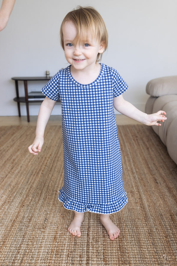 Short Sleeve Ruffled Sleep Dress - NAVY GINGHAM