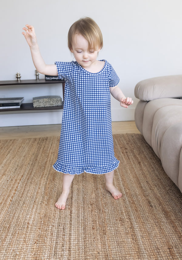 Short Sleeve Ruffled Sleep Dress - NAVY GINGHAM