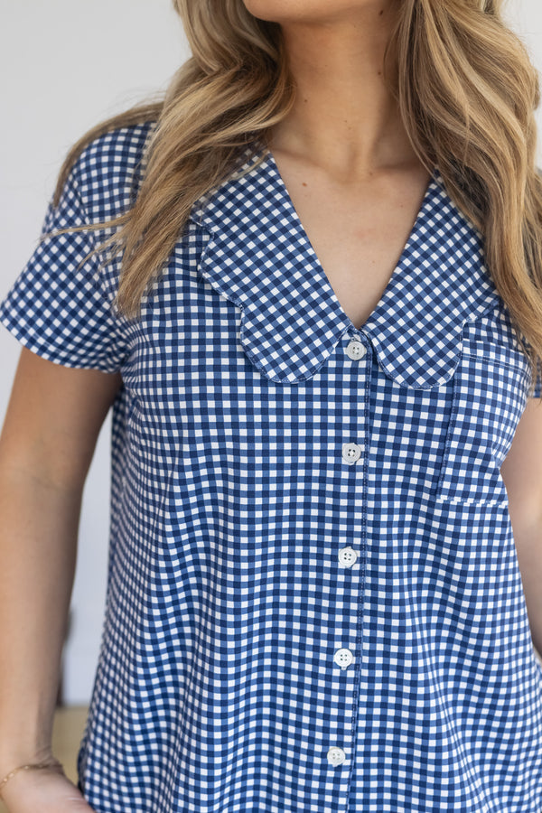 Ladies Scalloped Collared Short Set - NAVY GINGHAM