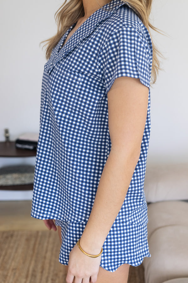 Ladies Scalloped Collared Short Set - NAVY GINGHAM