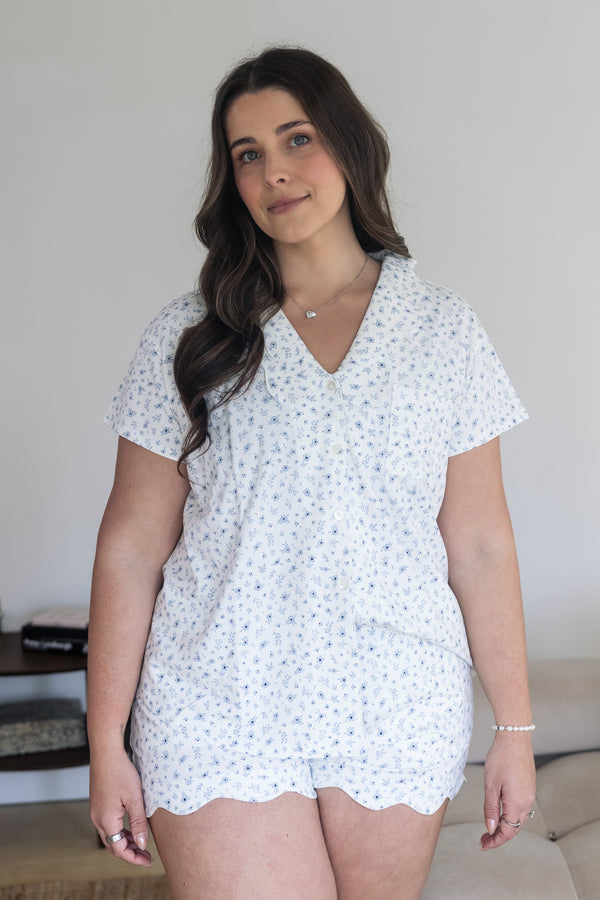 Ladies Scalloped Collared Short Set - SOMETHING BLUE