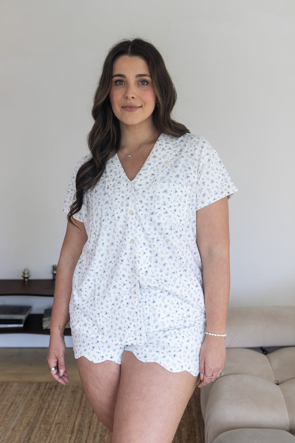 Ladies Scalloped Collared Short Set - SOMETHING BLUE