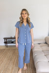 Ladies Scalloped Collared Pant Set - NAVY GINGHAM
