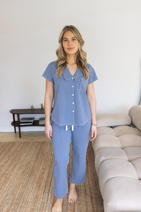 Ladies Scalloped Collared Pant Set - NAVY GINGHAM