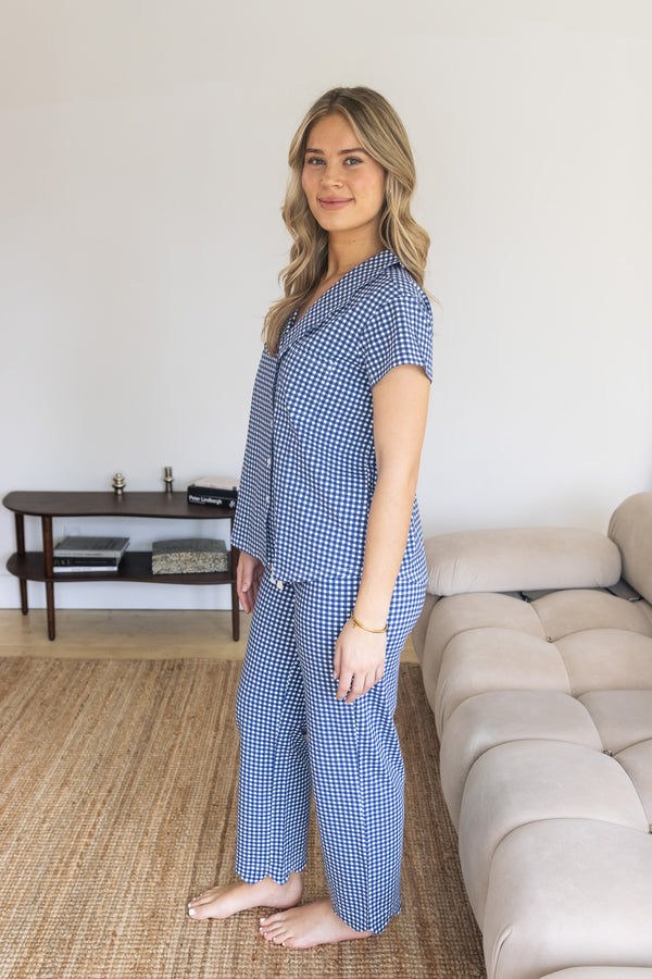 Ladies Scalloped Collared Pant Set - NAVY GINGHAM