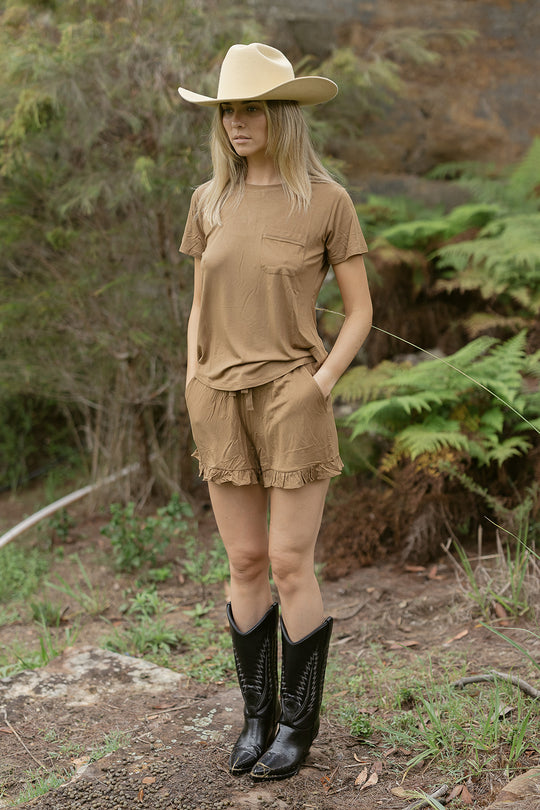 Ladies Ruffled Short Set - COCOA