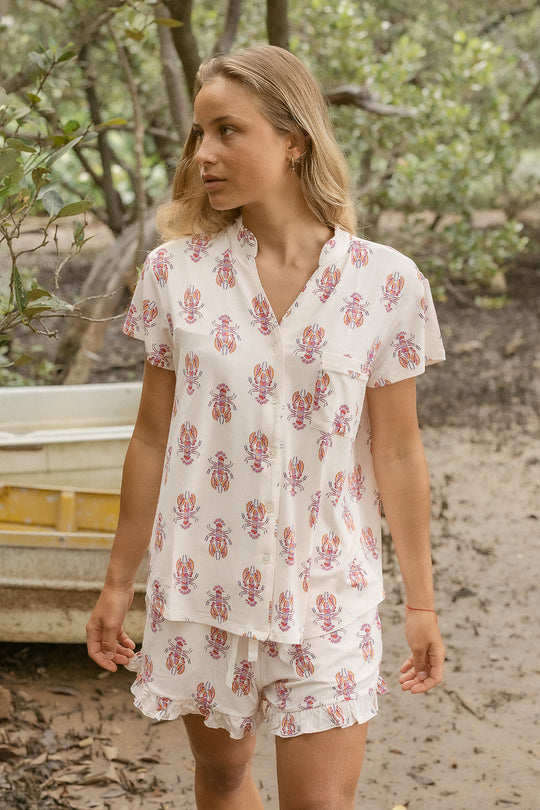 Ladies Mandarin Collar Short Set - LOBSTER