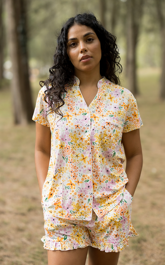 Ladies Mandarin Collar Short Set - FRESH BLOOM