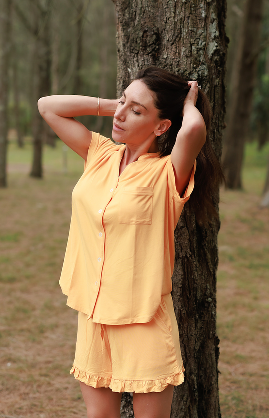 Ladies Mandarin Collar Short Set - CREAMSICLE