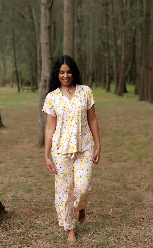 Ladies Button Up Cropped Pant Set - FRESH BLOOM