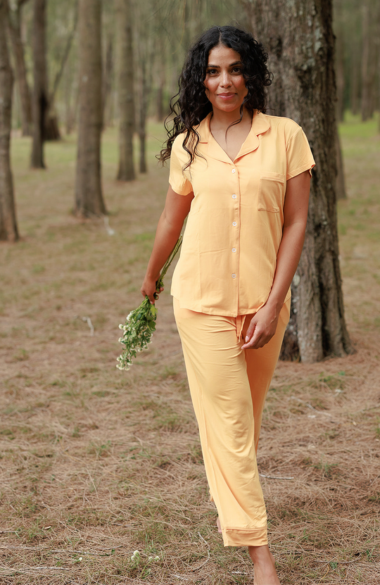 Ladies Button Up Cropped Pant Set - CREAMSICLE